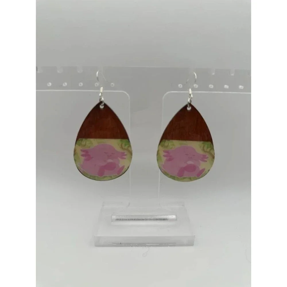 Chansey Wood Dangle Earrings Pokémon Inspired Silver Plated Nickel-Free Hooks